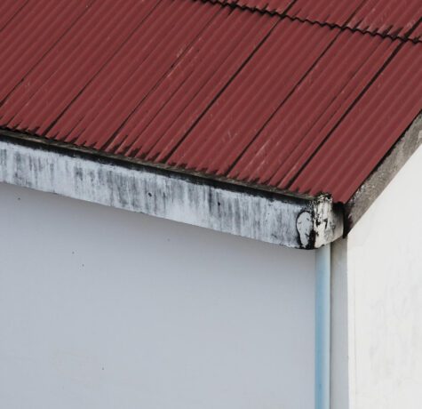 Toit en tôle rouge d'une maison blanche