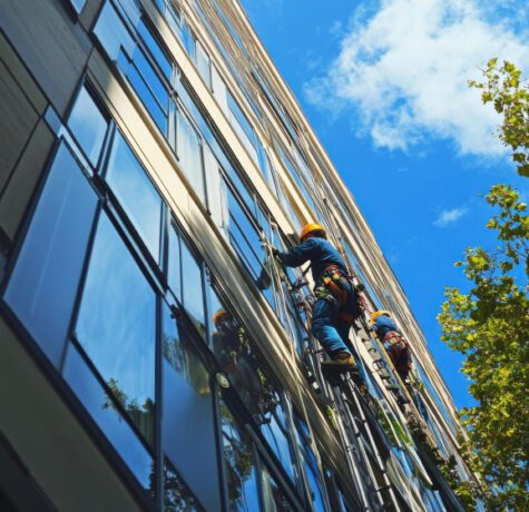 Laveurs de façade escaladant un immeuble moderne pour nettoyage façade