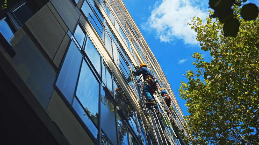 Laveurs de façade escaladant un immeuble moderne pour nettoyage façade