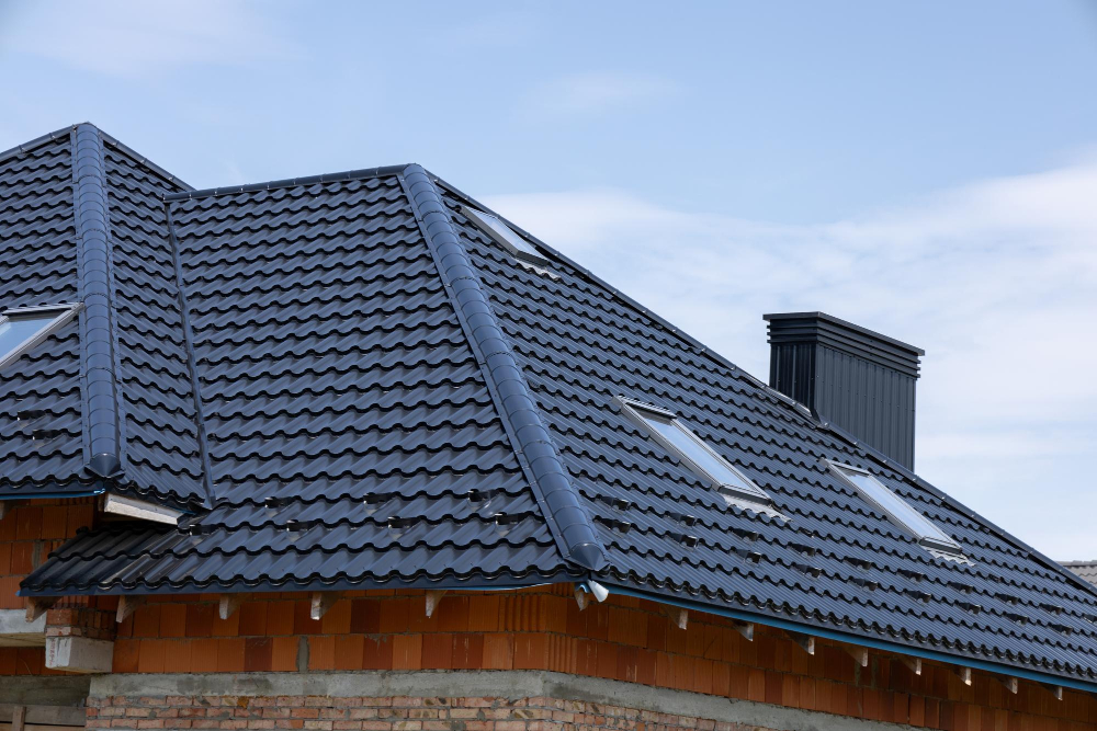 Toiture en tuiles métalliques avec fenêtres de toit